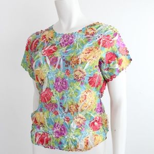Japanese Origami Floral Crinkled Shell Shirt Top